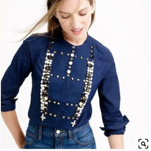 J. Crew Embellished Thomas Mason Tuxedo Shirt Navy 10 RARE - Picture 1 of 7